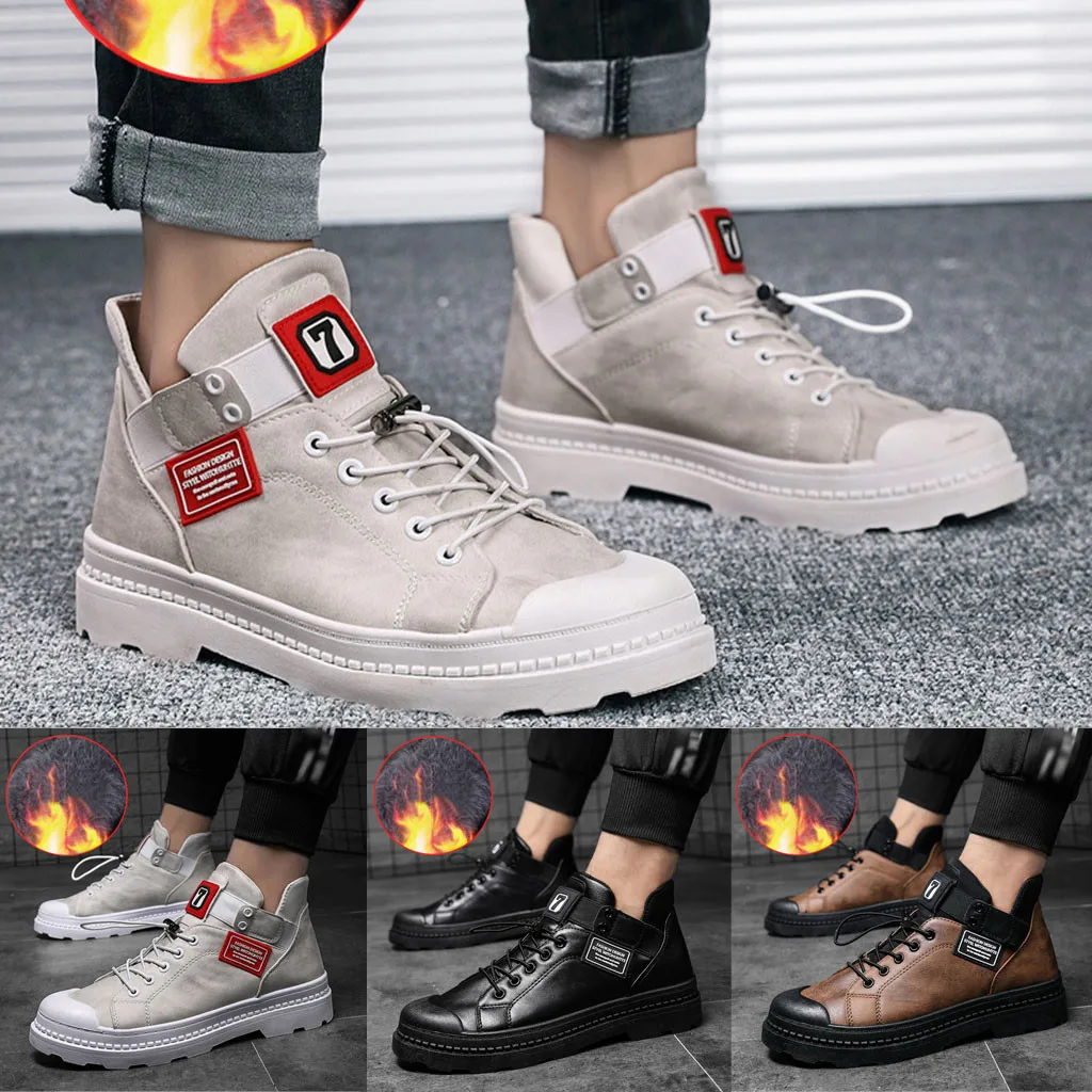 Men's Retro High-Top Casual Boots Wild Thick-Soled Plus Velvet Cross Strappy Tooling Shoes warm fur plush Insole Ankle Boots