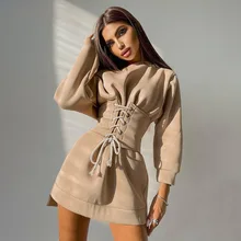 

Autumn Winter Women Long Sleeve Dress Elastic Corset Belt Fashion Ladies Clothing Round Neck Female Vestido Elegant White Dresse