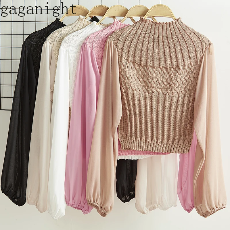 Gaganight лоскутное женский свитер с длинными шифоновыми рукавами Половина