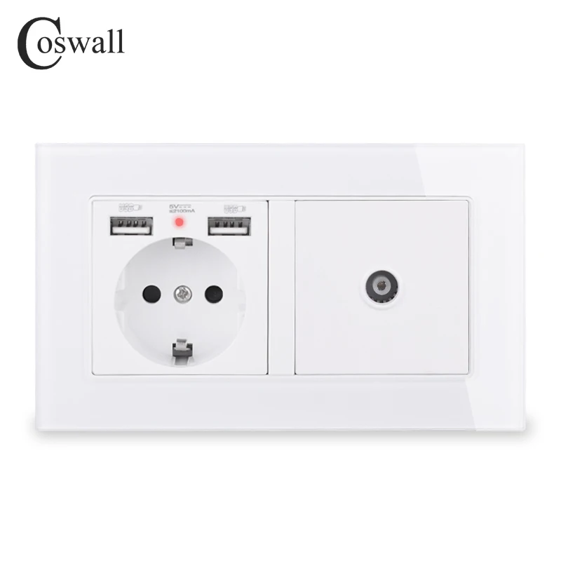 COSWALL Россия Испания стандарт ЕС розетка 2 USB порт зарядки со скрытым мягким светодиодный+ женский ТВ разъем рамка с закаленным стеклом