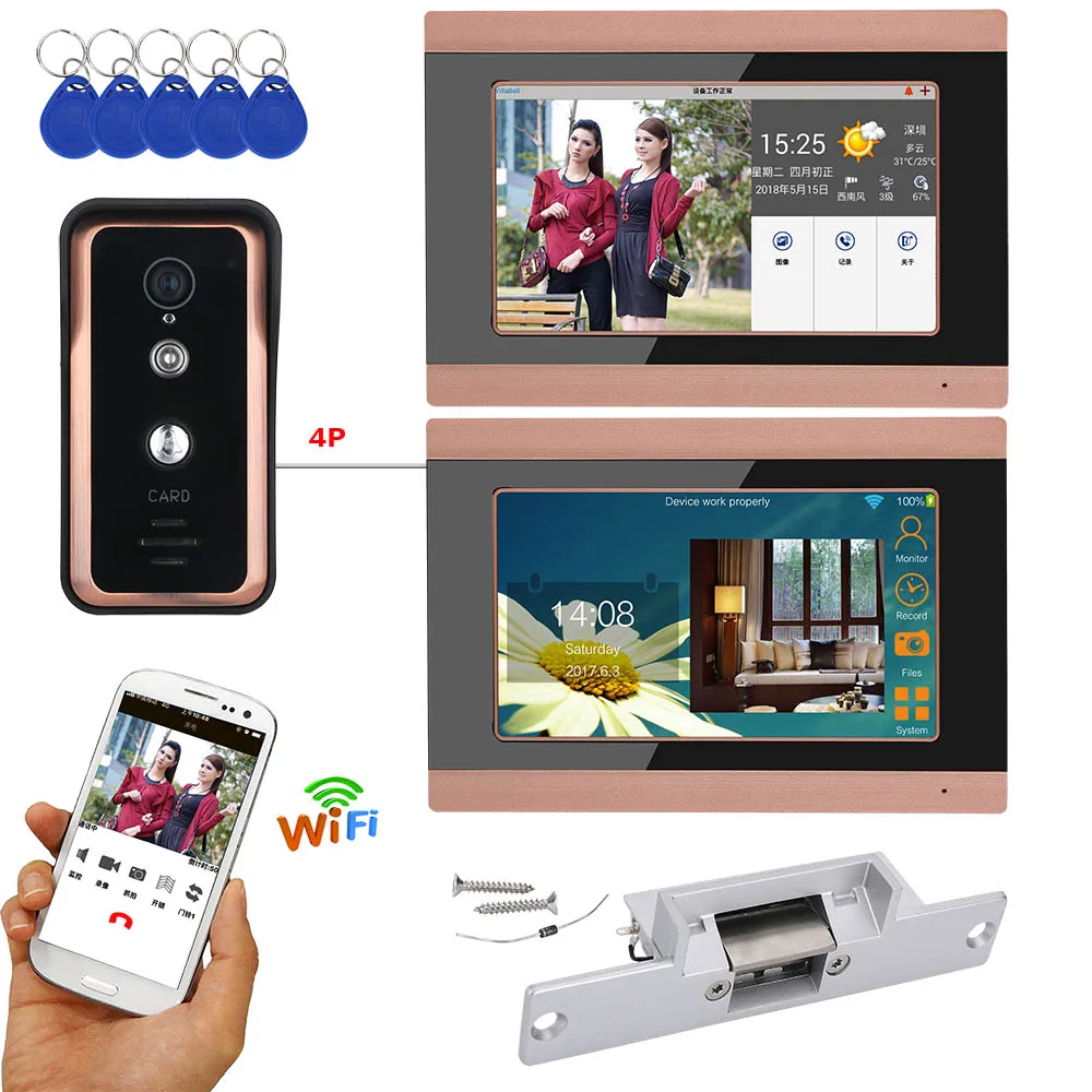 cheap 2 Monitors 7 inch Wired Wireless Wifi RFID Video Door Phone Doorbell Intercom System with Electric Strike Lock AHD 720P