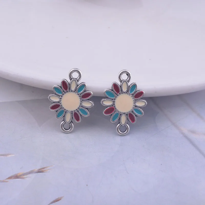 골동품 골드/실버 색상 14*19mm 에나멜 꽃 귀걸이 커넥터, 더블 홀 커넥터 펜던트 베이스 커넥터, 12 개