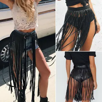 

Boho Faux Leather Skirts Women Short Fringe Tassel Skirt High Waist Belt Club Party Skirt For Female Black Summer Skirts