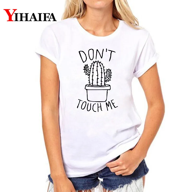 

YIHAIFA Women Gym blusa DON'T TOUCH ME Letter Cactus Print T-Shirt Graphics Tee Pullover Tops White T Shirts