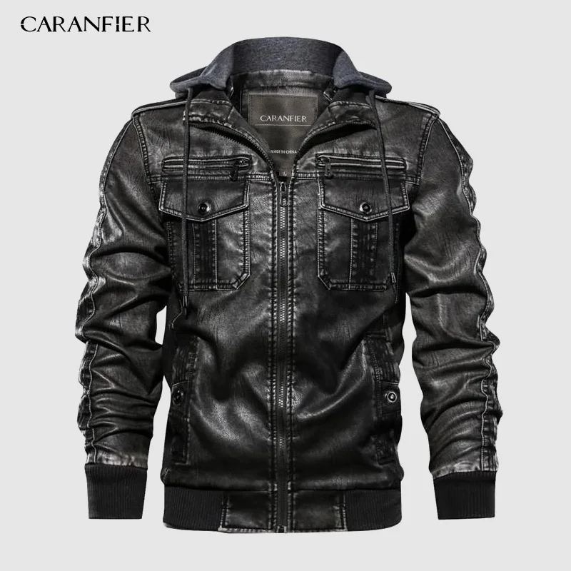 Бренд CARANFIER, тактическая куртка из искусственной кожи, мужская, европейский размер, S-XXL, стоячий воротник, мотоциклетная кожаная куртка, мужские пальто, Прямая поставка - Цвет: Black