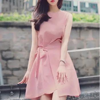 

Chic Summer Mini Dresses O-Neck Sleeveless Solid Color High Waist Lace Up Mini Dress Vacation Party Dress B2