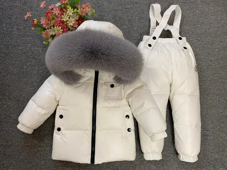 Детский ветрозащитный Теплый зимний комплект, теплая парка, пальто с капюшоном+ штаны, лыжный комбинезон, русский темно-синий зимний костюм, утепленные комплекты одежды - Цвет: white shiny gray fur