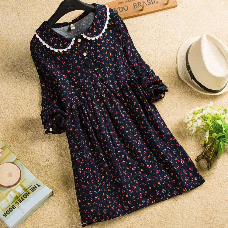 

New Autumn Japanese Mori Girl Corduroy Dresses Lace Long Sleeve Floral Print Women Girl Dress Vestidos