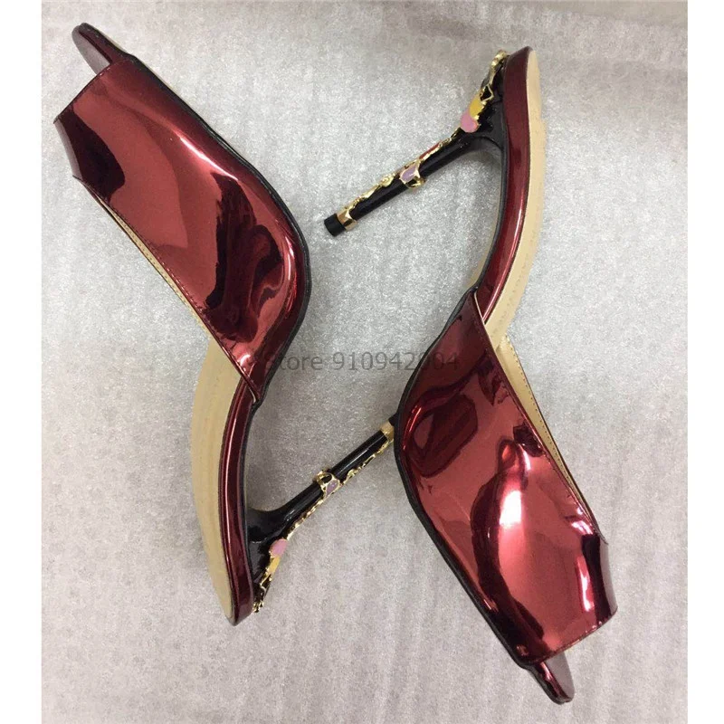 

Blue Patent leather Sandal Women Peep Toe High Heels Colourful Gold Metal Jewels Thin Heels Party Dress Shoes Ladies Slipper