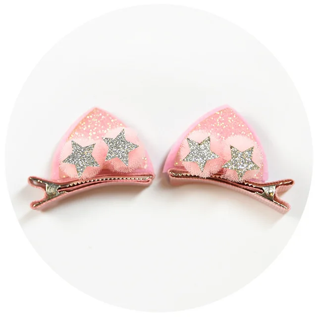 2pcs/Set Cute Hair Clips For Girls Glitter Rainbow Felt Fabric Flowers Hairpins Cat Ears Bunny Barrettes Kids Hair Accessories Pink