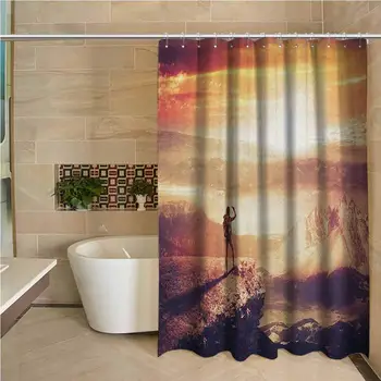 

Adventure Waterproof and colorful shower curtain Traveler Woman with Backpack on Mountain Surveying Sunset Adventure Photo Print