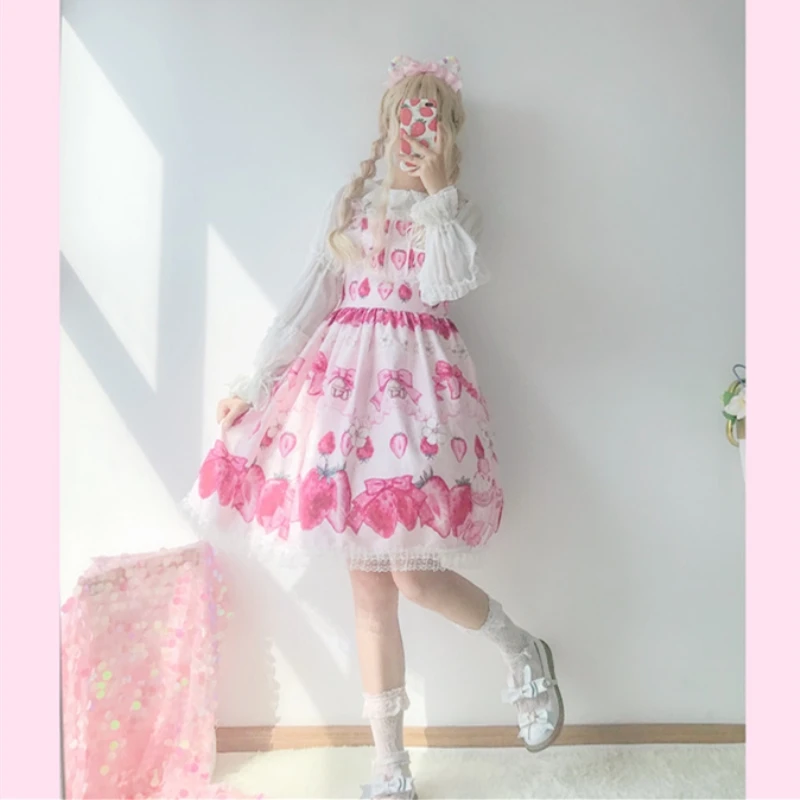 Летнее JSK милое клубничное платье без рукавов розовое платье Лолиты розовая юбка-пузырь в складку Вишневое платье на бретельках