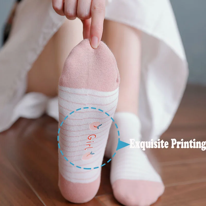 Spring And Summer Women New Fashion Cotton Pink Socks Peach Print Short Heel Breathable Cute Girl Socks Female