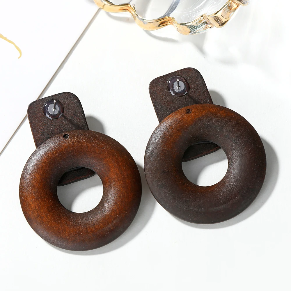 XIYANIKE New Wooden Earrings Ethnic Wood Geometric Round Drop Earrings Vintage Brown Korean Statement Earrings Fashion Jewelry