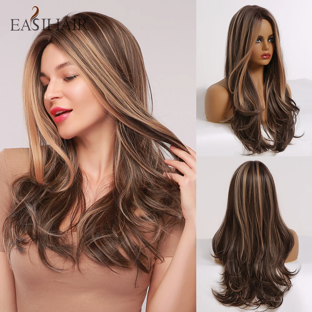 

EASIHAIR Brown Ombre Synthetic Hair Wigs with Highlights for Black Women Dark Hair Natural Wave Wigs Heat Resistant Cosplay Wigs