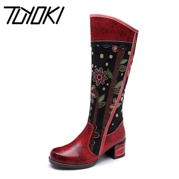 

Tuyoki Vintage Patchwork Western Cowboy Boots Bohemian Print Genuine Leather Woman Knee High Boots Long Botas Size 36-42