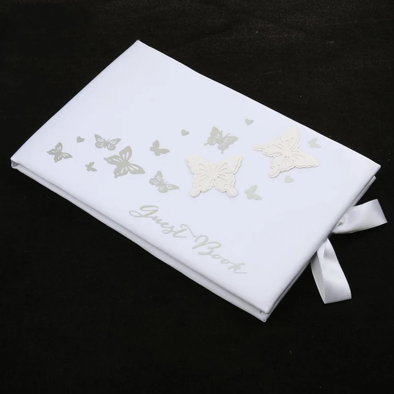 

White Wedding Guest Book Table Set With Satin Base And Double Butterflies Trim