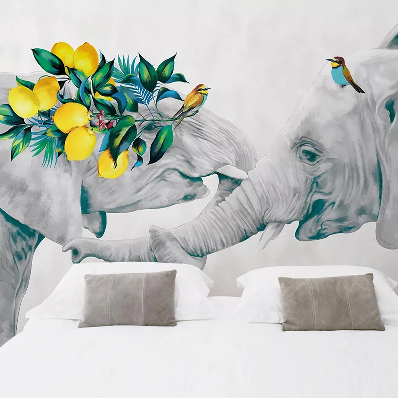 

Drop Shipping Custom Photo Hand Painted Elephant Flower Bird Poster Cute Cartoon Kindergarten Bedroom Decoration Wallpaper Mural