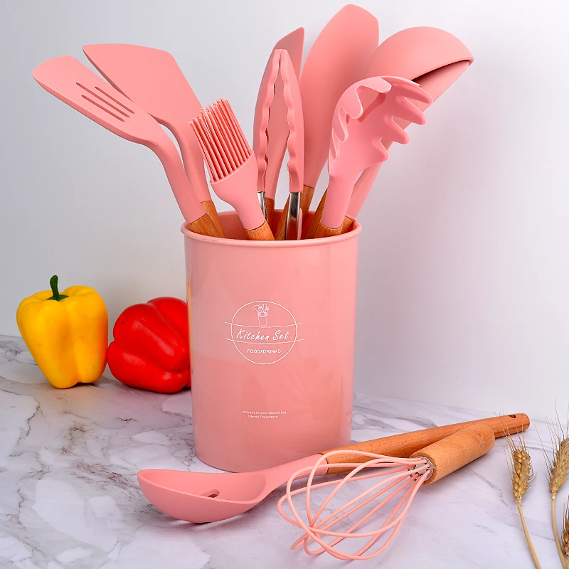 Kitchen Set Non-Stick Spatula Shovel Wooden Handle Cooking Appliances With Storage Box Silicone Utensils Kitchen Accessories