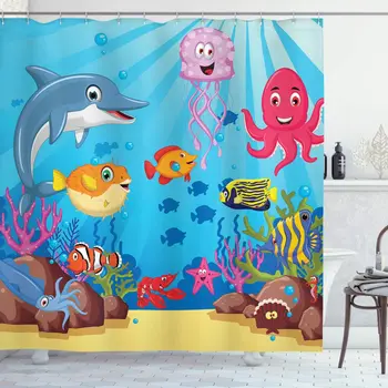 

Whale Shower Curtain Happy Animals Cartoon Characters Mollusc Rocks Sun Rays Comic Artwork Bathroom Decor Set with Hooks 70"