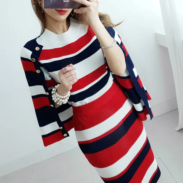 

2019 Autumn Trend Striped 3 Piece Knitted Clothing Set Women Runway Cardigans Jacket+Short Sleeve Knit top+Pencil Skirts suit