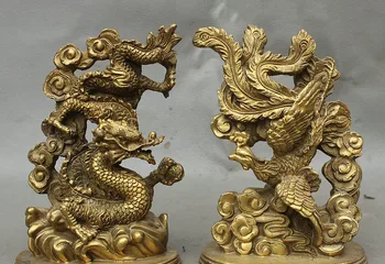 

China FengShui Brass Auspicious Prosperity Flying Dragon Phoenix Statue Pair