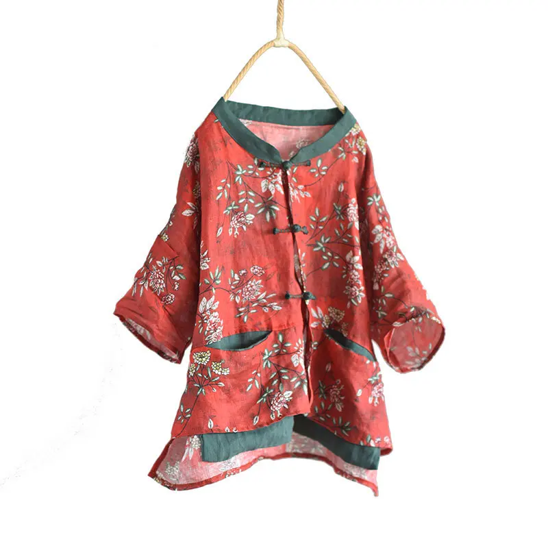 Women Loose Printed Linen Blouse Female Single Breasted Shirt Tops Female Vintage Flax Shirts 2020 Summer 6