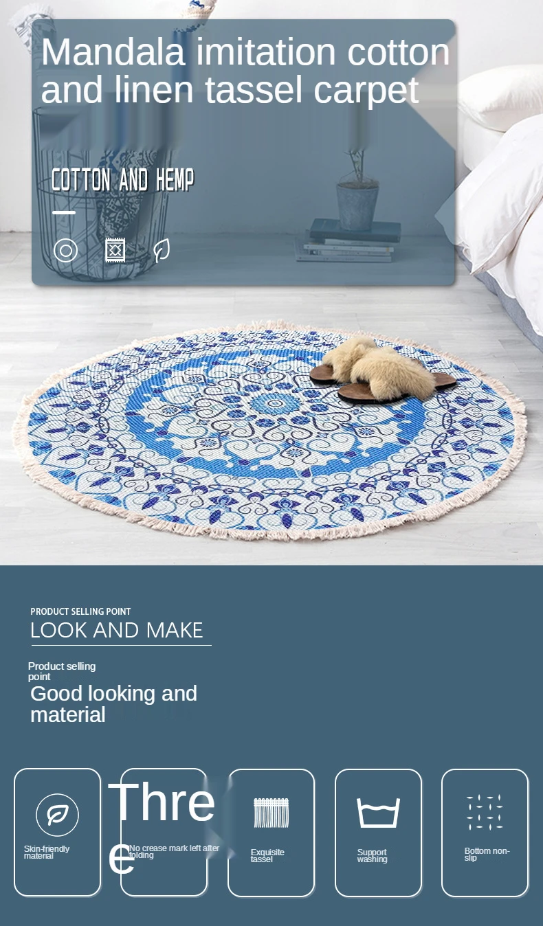 ​Home Decor Retro Bohemian Round Carpet Hand Woven Cotton Linen Carpet Rug Bedside Rug Geometric Floor Mat Living Room Carpet