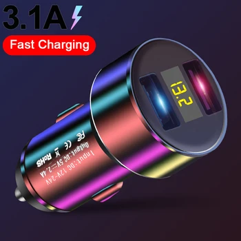 

3.1A Dual Usb Car Charger With LED Display Universal Mobile Phone Car Charger Aluminum Fast Charger For Xiaomi IPhone Samsung