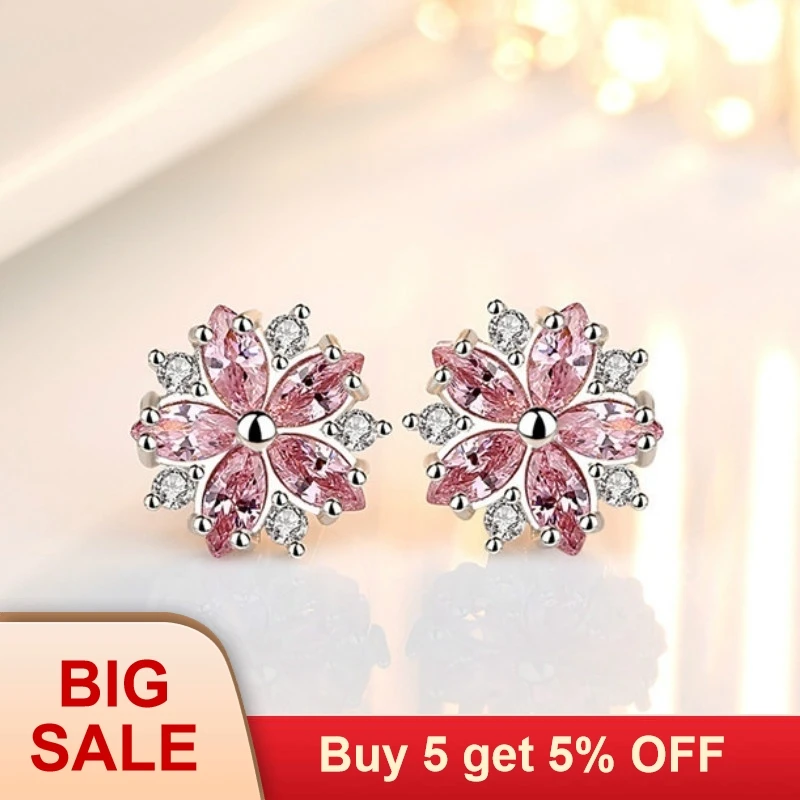 Милые Кристальные женские розовые серьги Snowfalke, Мода 925, серебряные свадебные ювелирные изделия, бохо, Маленький Цветок сакуры, серьги-гвоздики для женщин
