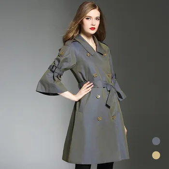 

Women long coat new casual three quarter Turn-down Collar double Breasted women clothes long coat solid color bandage spring