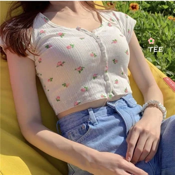 

Sweet Elegant Short Sleeve Floral Short T-shirt O Neck Summer Cardigan Slim Crop Tops