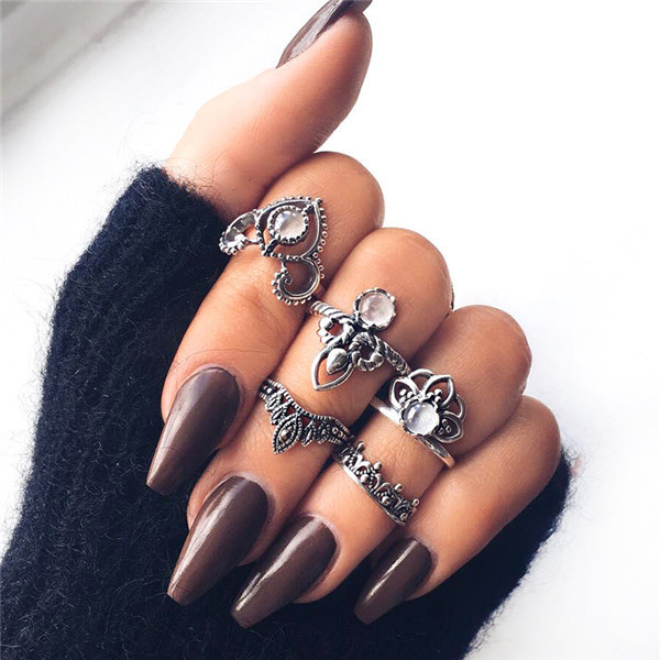Bohemian Gold Vintage Rings Snake Heart Crystal Ring Set Women Charm Joint Ring Party Wedding Fashion Jewelry Gifts