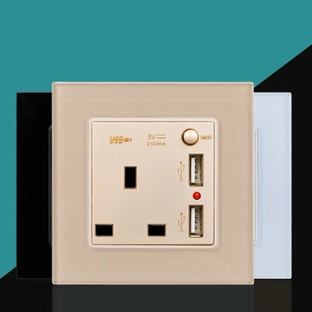 

86mm British Standard Glass panel wall power socket 1gang 2USB Ports UK Plug With power switch output socket plug 250V 13A