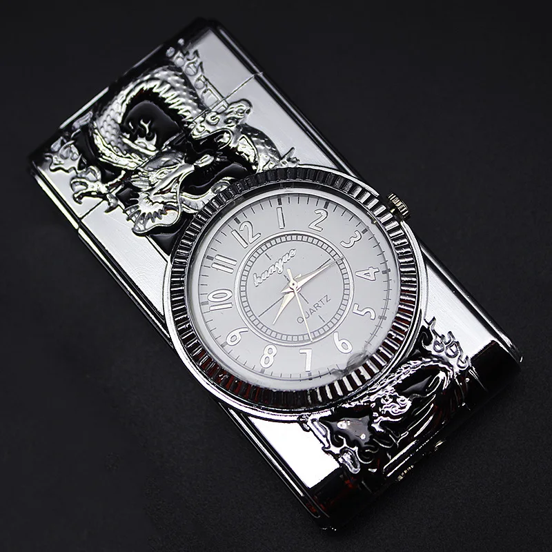 Dragon Silver Роскошные золотые часы, струйная зажигалка, фонарь, турбо-газовая зажигалка, ветрозащитная сигарета, металлическая зажигалка, светодиодная надутая бензиновая Бутановая Зажигалка - Цвет: Dragon Silver