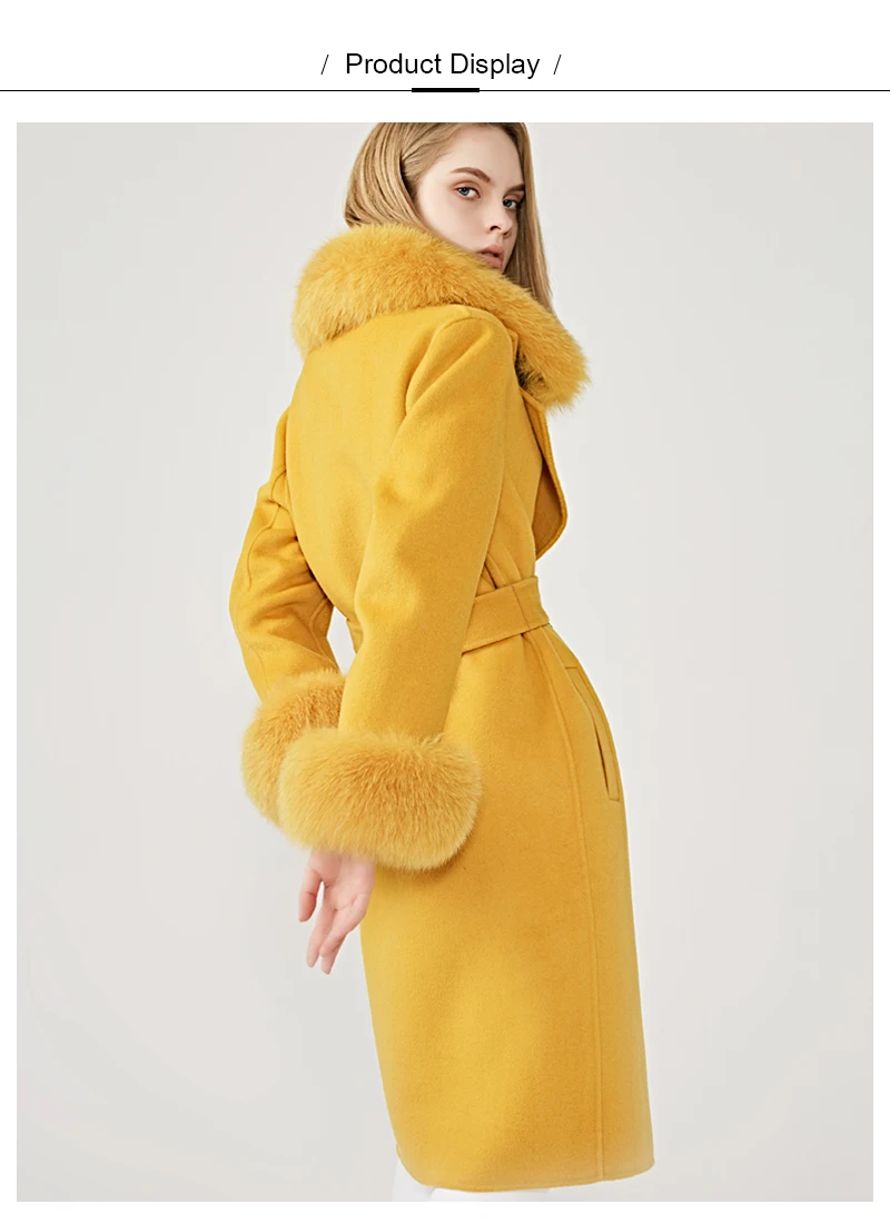 Женское шерстяное пальто, весеннее пальто с воротником из натурального Лисьего меха, шерстяная куртка с регулируемой талией, тонкое женское длинное пальто
