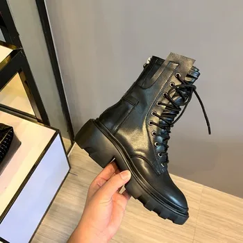 

Short Heels Women Chunky Boots Autumn Winter Lace Up Motorcycle Boots Female British Increase Thick Bottom Genuine Leather Shoes