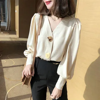 

Women Sexy Fashion V-neck Solid Color Shirt Lantern Sleeves Sweet Big Button Long-sleeved Casual Blouse
