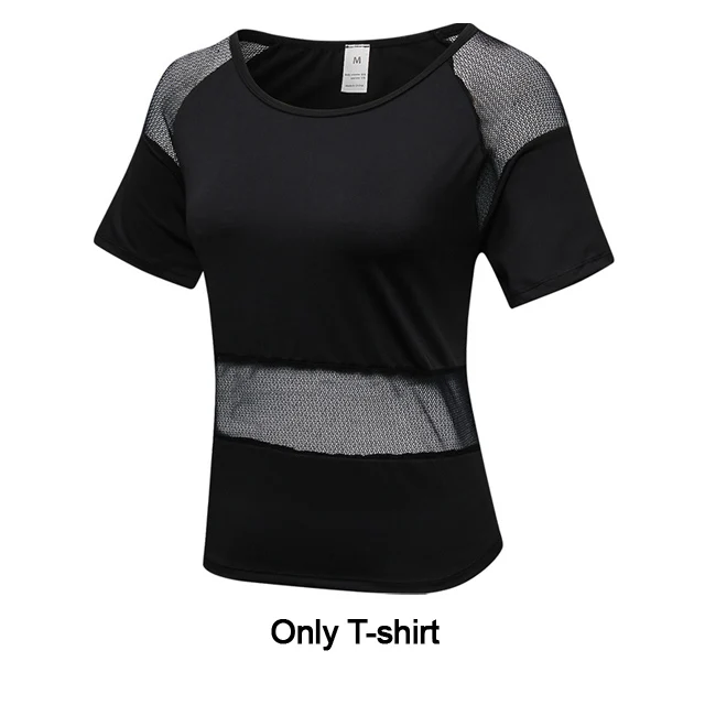Black T-shirts Спортивный костюм Женская футболка для йоги+ штаны Фитнес-Йога Комплект с сеткой для тренировки спортзала Беговая спортивная одежда пэчворк одежда для бега - Цвет: Black T-shirts