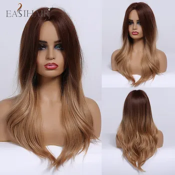 

EASIHAIR Long Wave Synthetic Wigs Dark Brown Light Brown Ombre Middle Part Heat Resistant Cosplay Wigs for Women Afro American