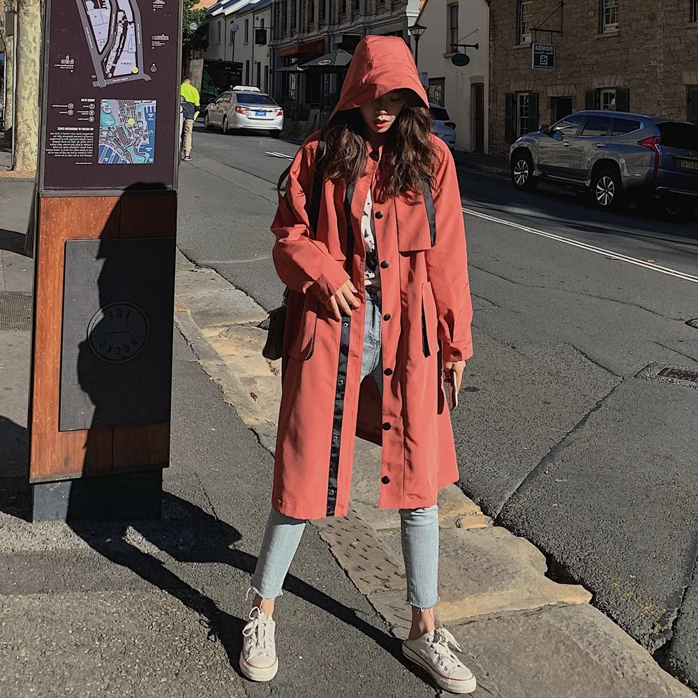 

Photo Shoot Korean-style Fashionable Long Coat Women's 2019 Autumn New Style Retro Big Pocket Mixed Colors Hooded Workwear Trenc