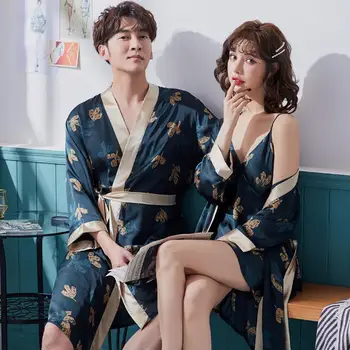 

Feier Lover's Night Robes High Quality Silk Men Women Sleepwear Prints Leisure Home Holiday Bath Wobe Elegant Lingerie Robe