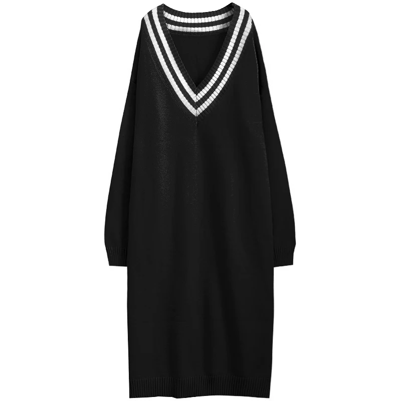 [YaLee] Новая мода осень зима простое v-образным вырезом с длинным рукавом с разрезом по бокам Длинное свободное акриловое вязаное платье для женщин N354 - Цвет: black