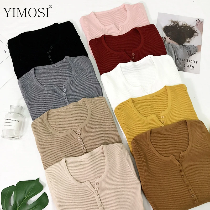 

Spring Women Basic Knitted Sweater Tops 2019 Casual V Neck Long Sleeve Slim Pullover Korean Lady Button Solid Jumpers