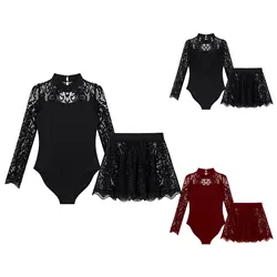 #4-16 Kids Girls Dance Clothes Set Lace Hollow Out Long Sleeve Backless Leotards with Elastic Belt Ruffle Skirt Latin Dancewear