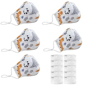 

5PCS+10PC FilterGasket Children Cartoon Print Mouth Cover Dustproof Protection Face Shieds Washable Quick-drying Face Cover