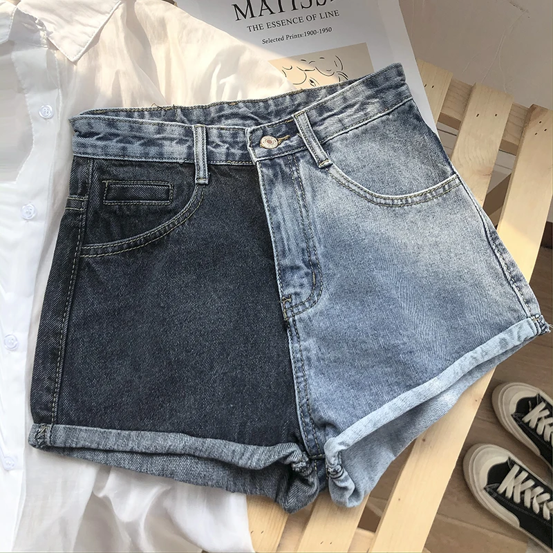 cortos mezclilla para mujer, Shorts ajustados con puños elásticos, de pierna ancha, cómodos, de cintura alta - AliExpress