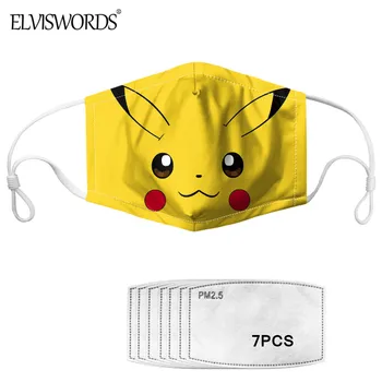 

ELVISWORDS 2020 Kawaii Pikachu Print Kids Mouth-Muffle 7Pcs PM 2.5 Air Filter Cartoon Children Mouth Masks Dustproof Reusable