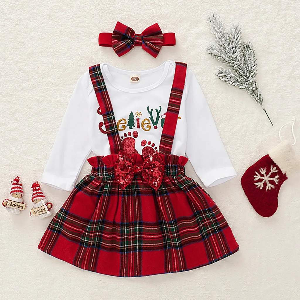 Рождественское платье для девочек; Рождественский комбинезон с надписью для маленьких девочек+ сарафан в клетку; комплект из платья и повязки на голову