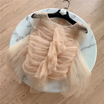 

HIGH STREET Summer Fashion 2020 Designer Blouse Women's O-NeckRuffles Diamonds Beaded Gauze Drape Blouse Top